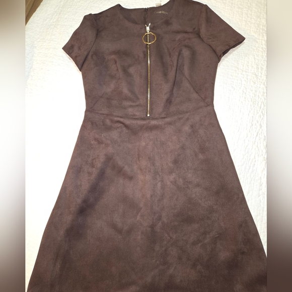 Calvin Klein Faux Suede O Ring A Line Midi Dress Womens Size 6 Chocolate Brown - Picture 5 of 11